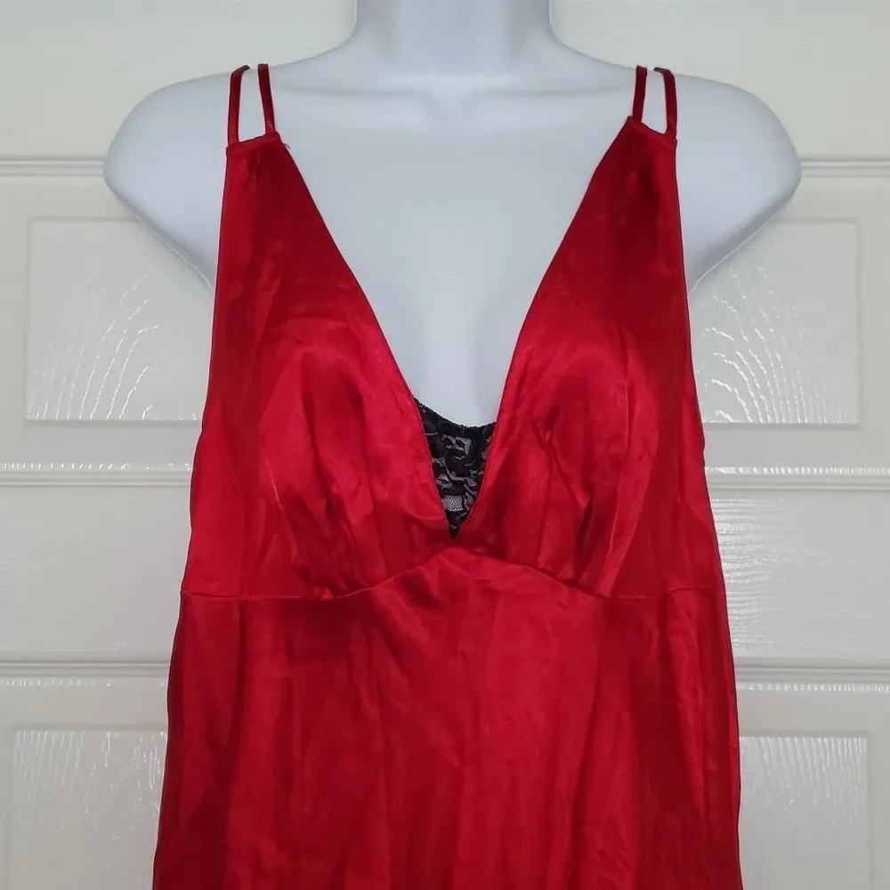 Secret Treasures Red Satin Long Chemise Nightgown Black Lace Trim - Medium